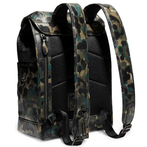 $650 Coach League Leather Backpack Signature Canvas Charcoal  Coach League Flap Backpack In Signature Canvas Charcoal With Camo Print NWT